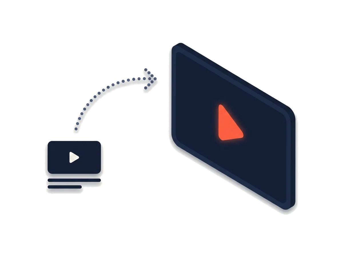 A finished video travels from one frame to a screen with a play button
