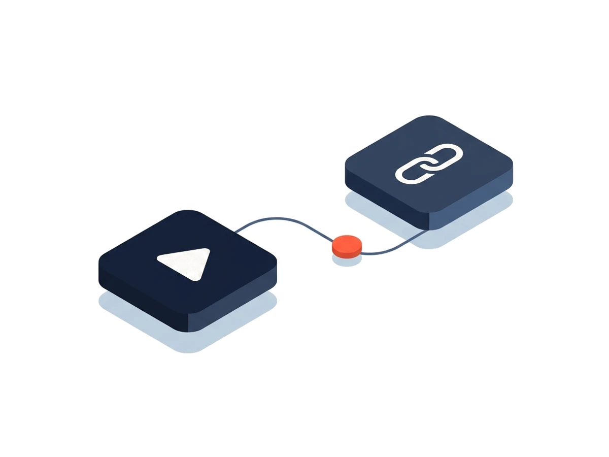 Two connected nodes, one handing over a small accent-coloured piece