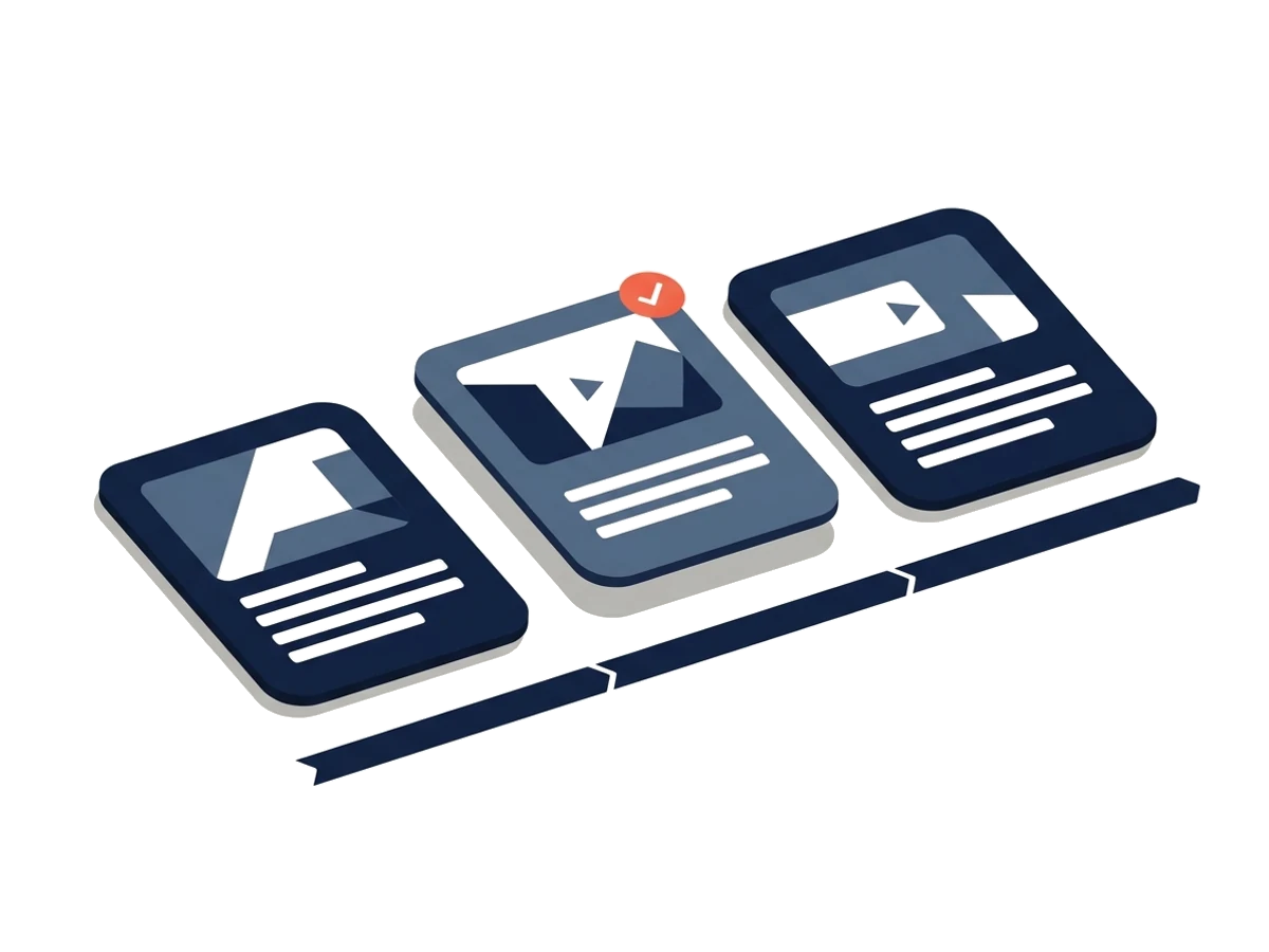 Three storyboard cards in a row, one marked with a check mark