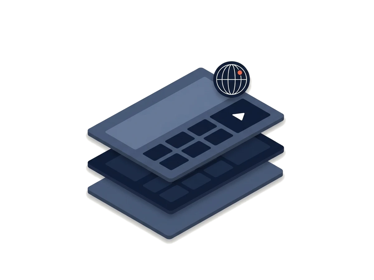 Several stacked web pages with a globe symbol, one of them with a video frame