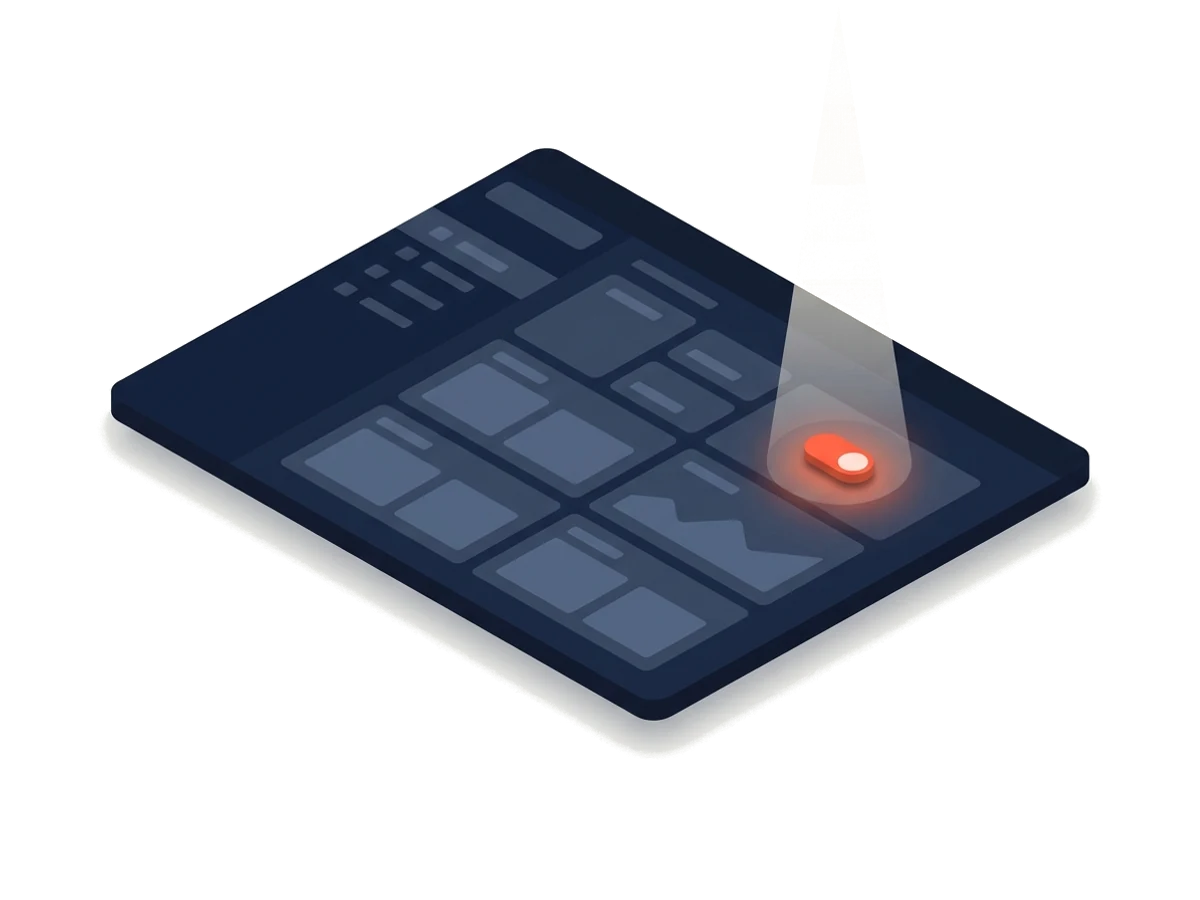 A cone of light highlights a single element in a dimmed app window