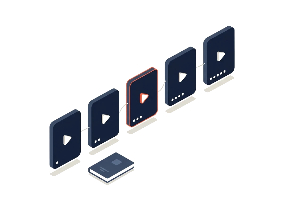 A row of numbered video cards connected by a line like the chapters of a handbook