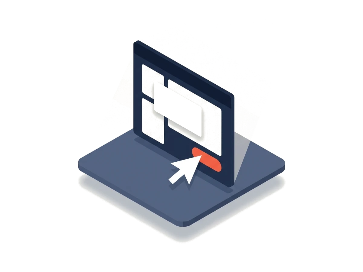 A stage with a large product window and a mouse cursor pointing at a button