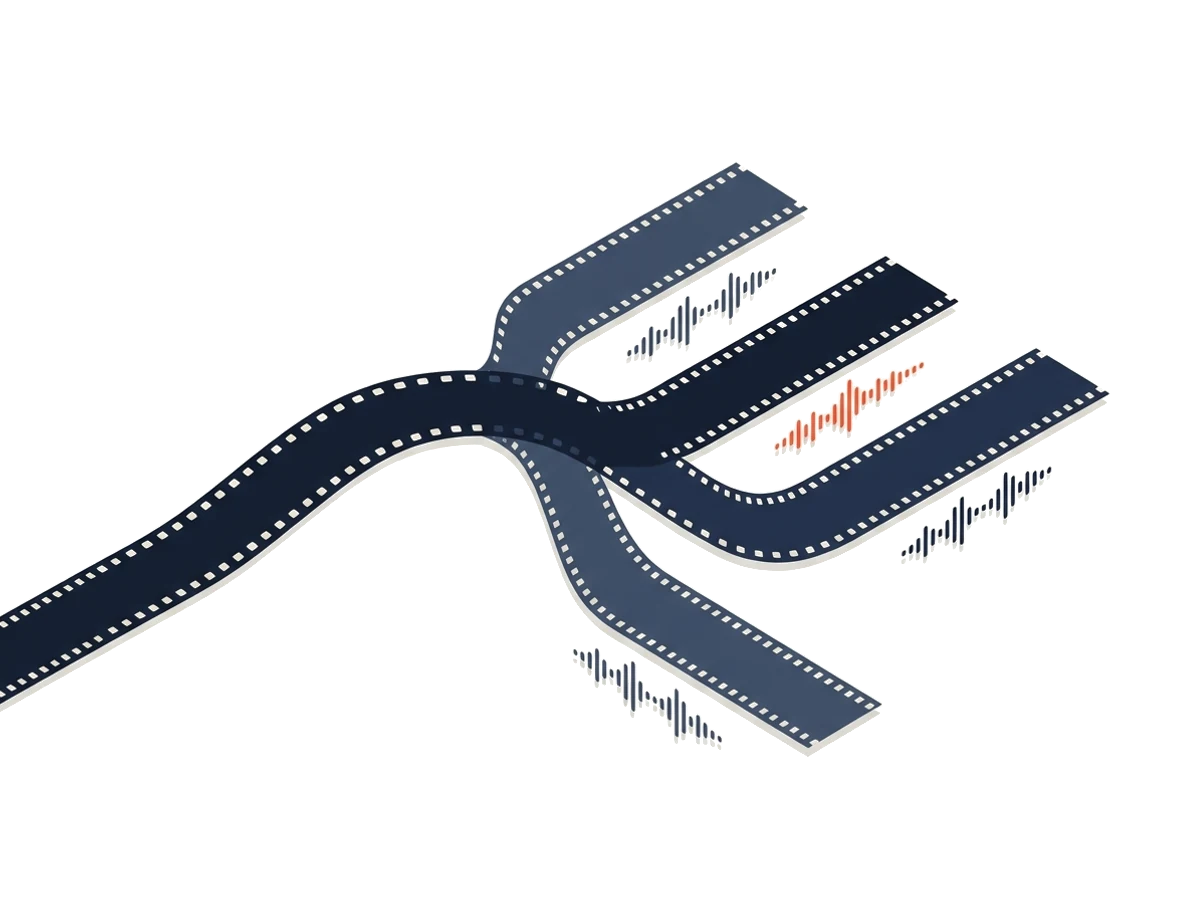 A film strip fans out into several tracks with sound waves